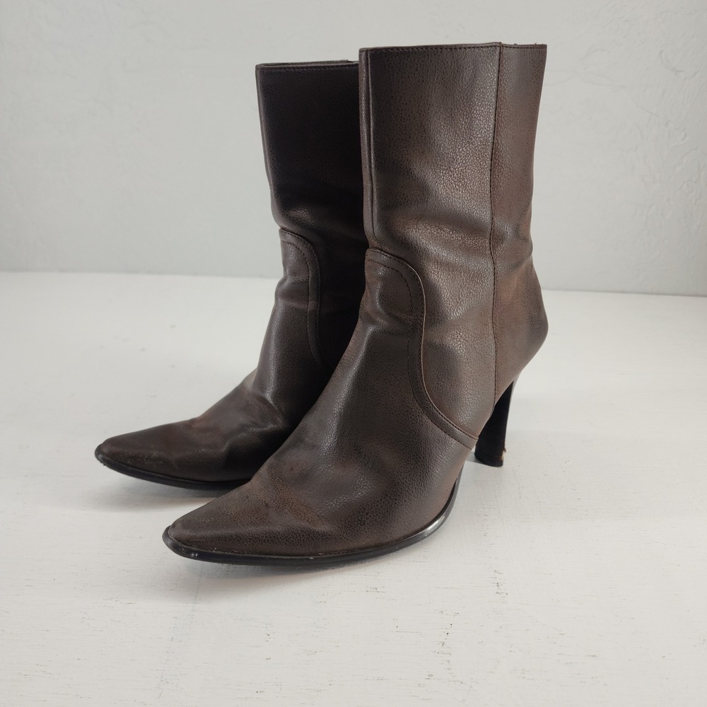 Candie's 8.5M | Brown Faux Leather Pointed Toe Back Zip Heeled Ankle Boots